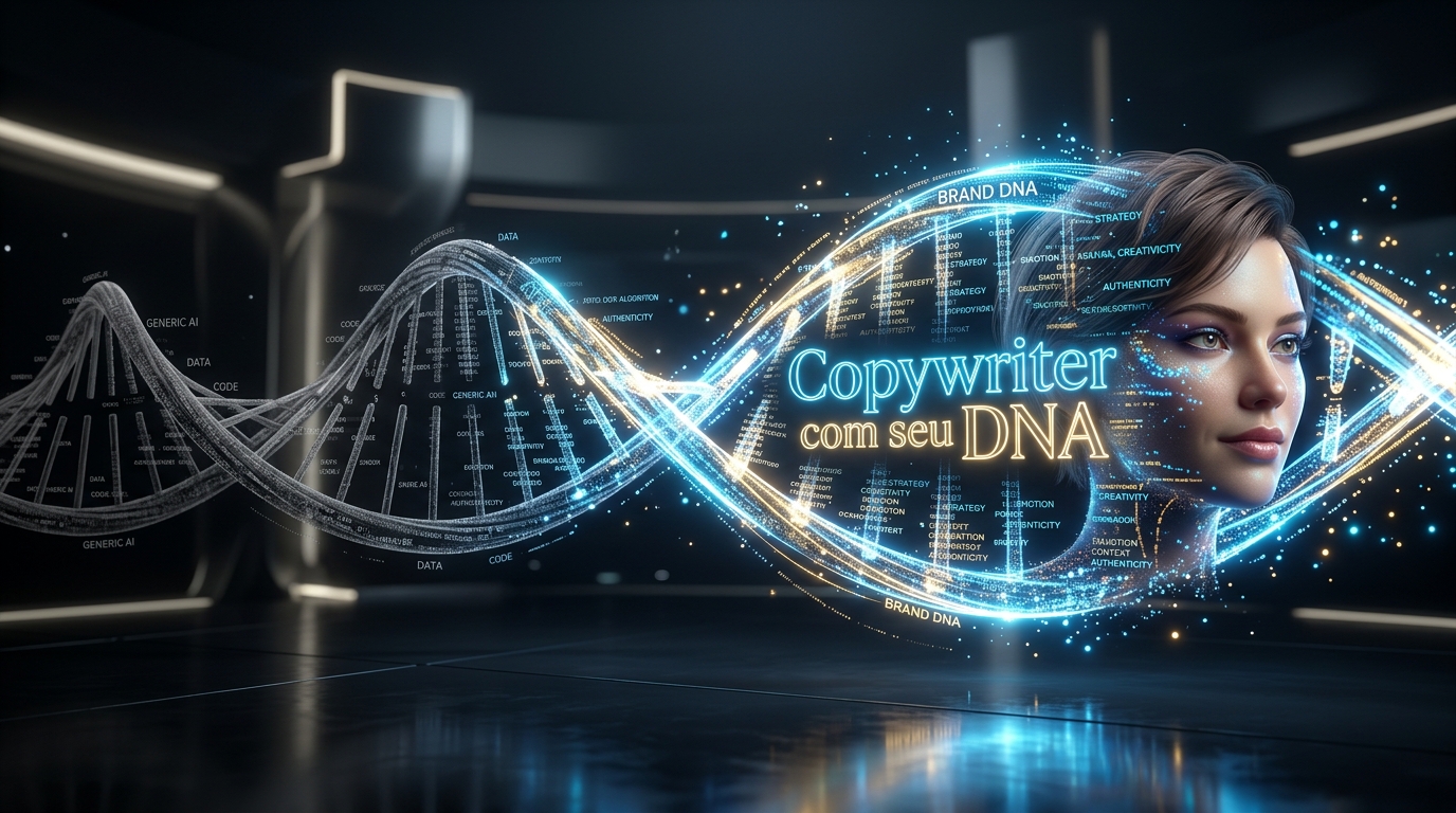 Brand DNA em hélice iluminada representando o copywriter com DNA único da marca