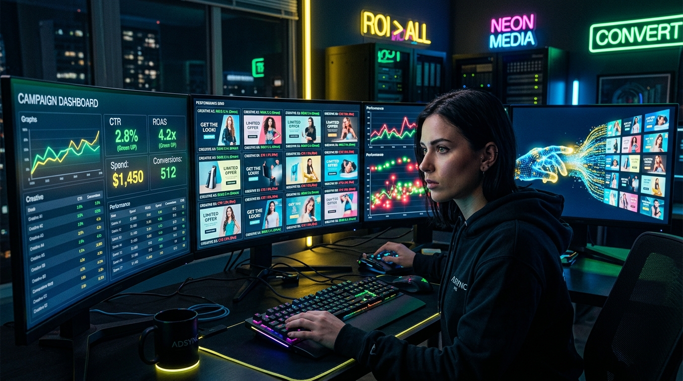 Media buyer analisando dashboards de campanhas com criativos gerados por IA