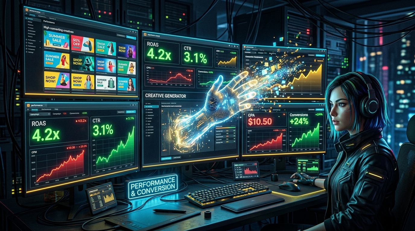 Estação de trabalho de performance com IA gerando criativos e métricas de conversão em tempo real